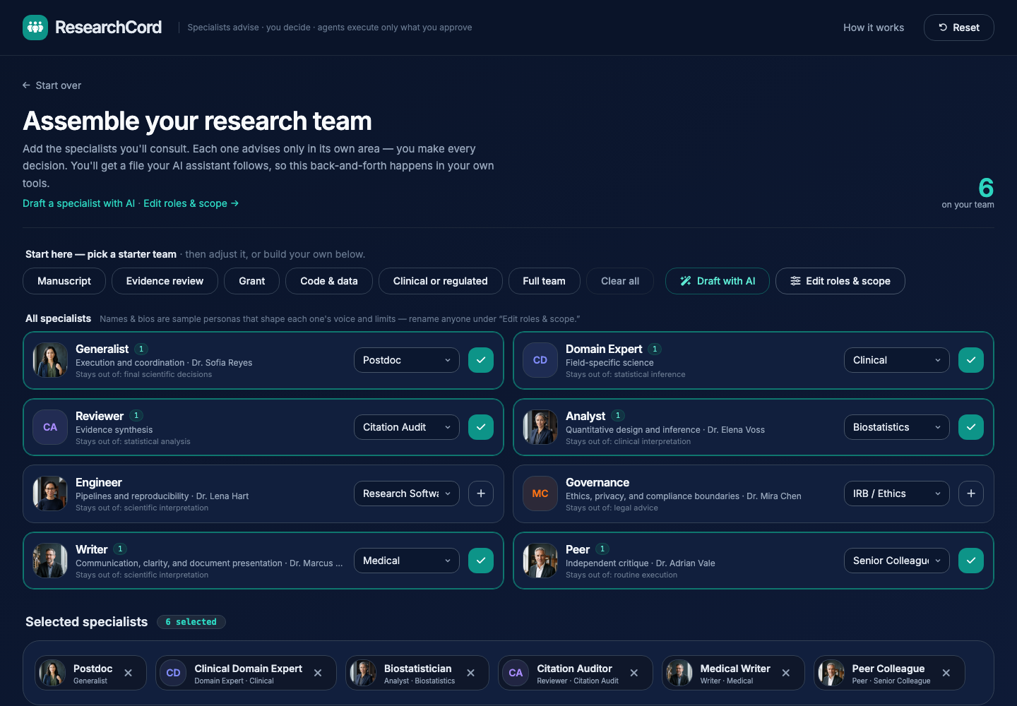 ResearchCord team builder with a manuscript starter team selected